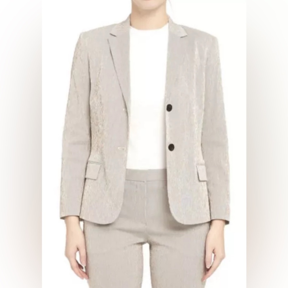 THEORY  Seersucker Beige White Brown Striped Blazer  Jacket Classic Sz 4 New